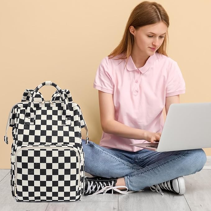Laptop Backpack for Women, Corduroy College School Backpack Bookbag 15.6 inch Business Computer Travel Backpack (Checkered Black)