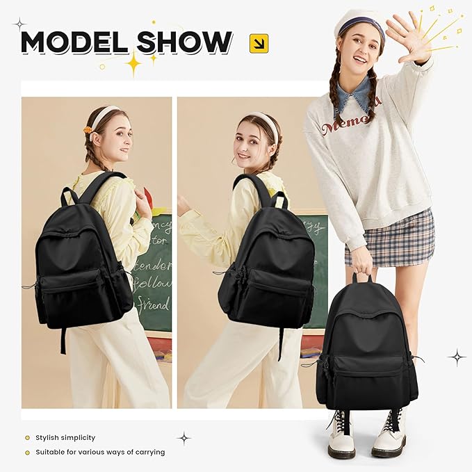 Classic Large Black Backpack For Women,Waterproof High School Bookbag,Lightweight Casual Travel Daypack,College Backpack Men,Middle School Bag For Girls Boys