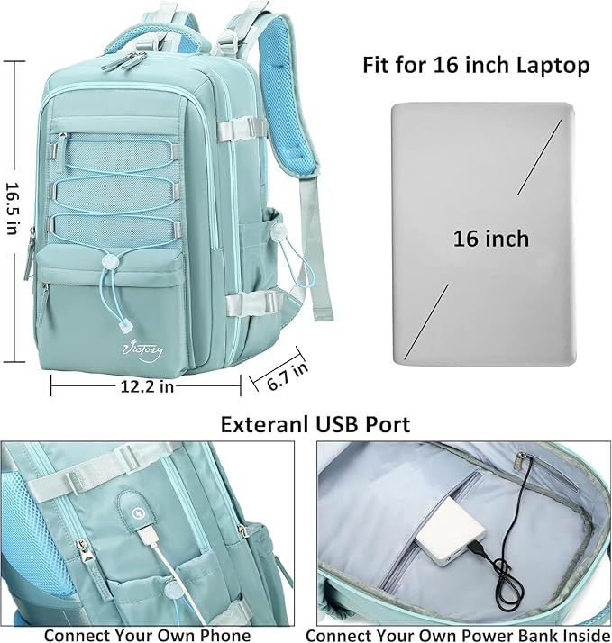 Travel Backpack for Women Men 15.6 Inch Laptop Backpacks with USB Port Carry on Bag Airline Approved Large College School Bookbags Waterproof Work Business Sport Rucksack Casual Daypack (Green)