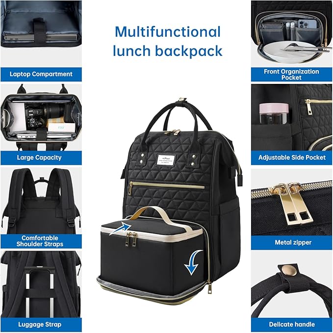 ETRONIK Lunch Backpack for Women, 15.6 inch Laptop Backpack with USB Port, Teacher Nurse Work Backpack with Cooler Bag Insulated Laptop bag Gifts for Women Men, Black