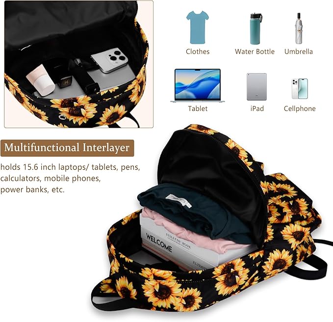 Women's Water-resistant Daypack Backpack, 15.6 Inch Laptop Compartment & Anti-Theft Pocket, Adjustable Padded Straps for Commuting, Travel, Work, College, Sunflower