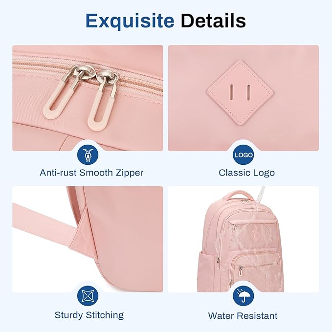 School Backpack for Girls, Lightweight Kids Bookbag Classic College Backpack for Teen Women with Luggage Strap, Age 8-18 Years Old, Pink