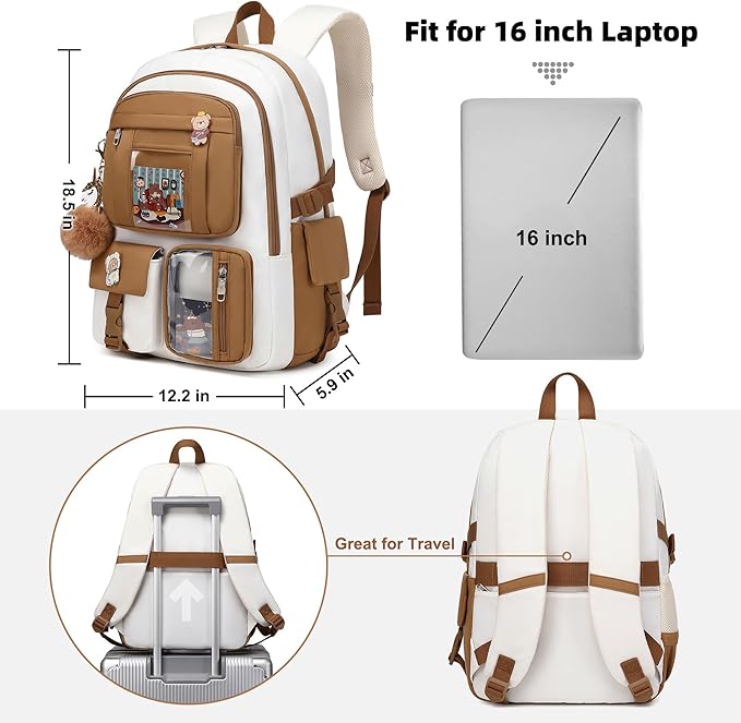 Backpack for Girls with Accessories Laptop Bookbags 16 Inch Kawaii Kids Elementary Middle High School Bag College Travel Daypack Gifts for Teens Women Students (Beige Khaki)