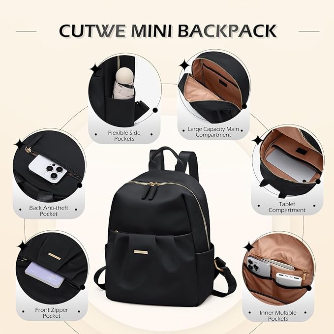 Backpack for Women, Small Cute Backpack Purse Lightweight Casual Daypack Backpack for Travel Mini Backpacks for Ladies College Work,9.7Inch,Black