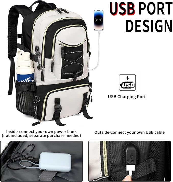 GAEKEAO Travel Backpack For Women Men Airline Approved 16 Inch Carry On Backpack with USB Charging Port Lightweight Casual Daypack for Hiking Business College Black with Beige