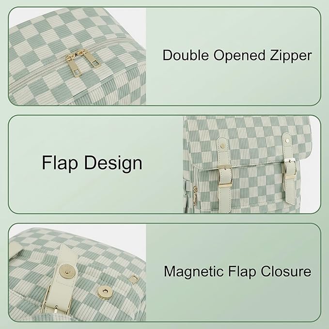 Women Laptop Backpack, Corduroy 15.6" Travel Backpack for Work College Business, Teacher Nurse Bag with Large Capacity School Bookbag Bags for Girls - Checkered Matcha Green