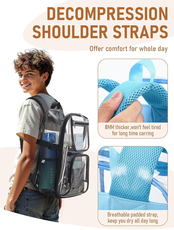 Large Clear Backpack Heavy Duty, 17 inch Clear Bookbag for Boys Girls Women Men, See Through Transparent Backpack With All-Around Reflective Strips for College Work,Light Blue
