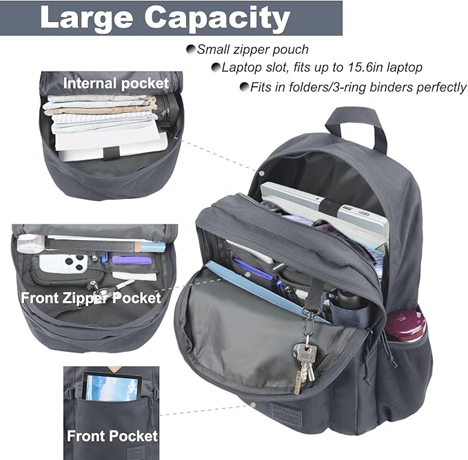 SUPACOOL Casual Backpack For School, Classical Travel Backpack for Men and Women, Bookbag for Boys, Girls and Kids, Laptop Compartment(Dark Grey)