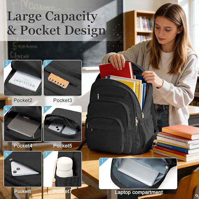 Black College Backpack For Women Men,Lightweight High School Bag,School Backpack With Lots Of Pockets,Cute Bookbag For Teens Boys Girls,Casual Daypack Backpack For School