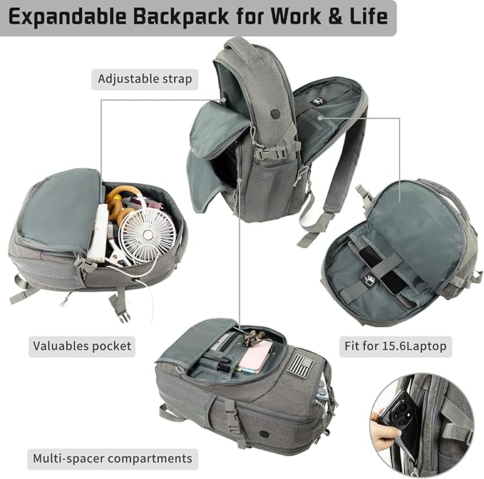 15'' Travel Laptop Backpack for Men, 25L Tactical College Backpacks with Water Pouches Both Sides, Portable Backpack for Men Women Business Work Bag Fight Approved - Grey Backpack