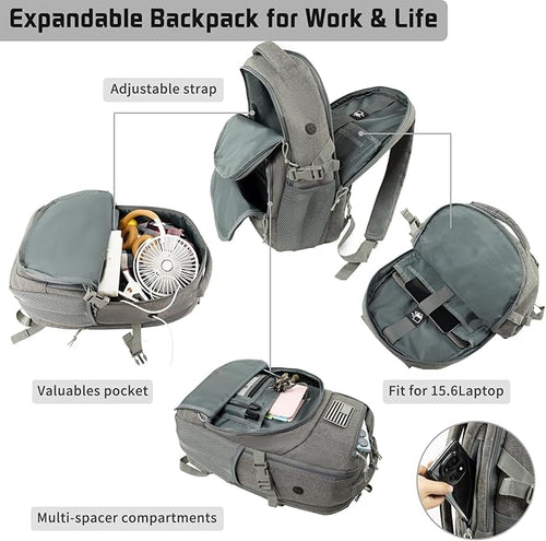 15'' Travel Laptop Backpack for Men, 25L Tactical College Backpacks with Water Pouches Both Sides, Portable Backpack for Men Women Business Work Bag Fight Approved - Grey Backpack