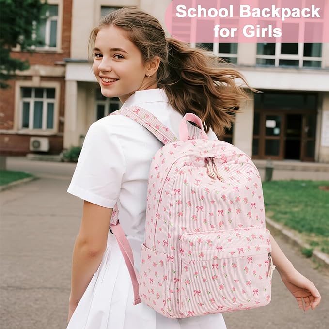BTOOP School Backpack for Girls Teens Large Corduroy Bookbag Lightweight Casual High School College 17 inch Laptop Travel Bag (Pink Bow Floral-1)