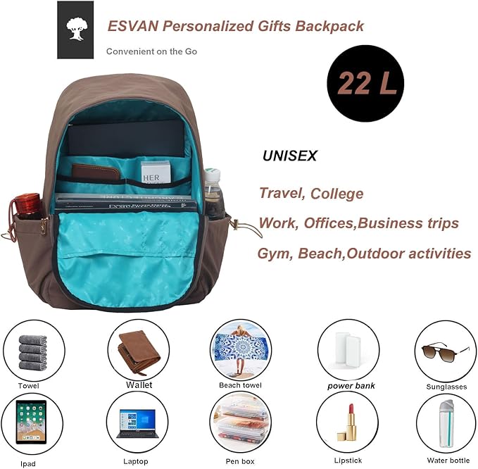 ESVAN Personalized Gifts Backpack Canvas Linen Nylon 17 inch Laptop Bag for Women Casual College