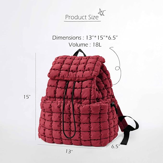 ODODOS Quilted Backpack 2.0 for Women Lightweight Puffer Hiker Pack Drawstring Padding Travel Gym Bag, True Red