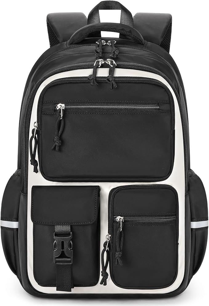 mibasies School Backpack for Teen Girls: 17.9 IN Backpack for Women with Laptop Compartment for Middle High Elementary School College Travel- Kids Bookbag Black Beige