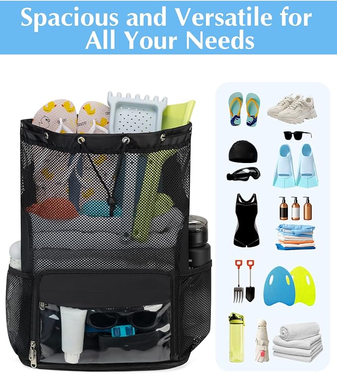 Drawstring Backpack Sandproof Beach Backpack with Shoe Compartment & Wet Pocket Waterproof Mesh Swim Bag Pool Bag for Gym, Travel and Workout Gear (Black)