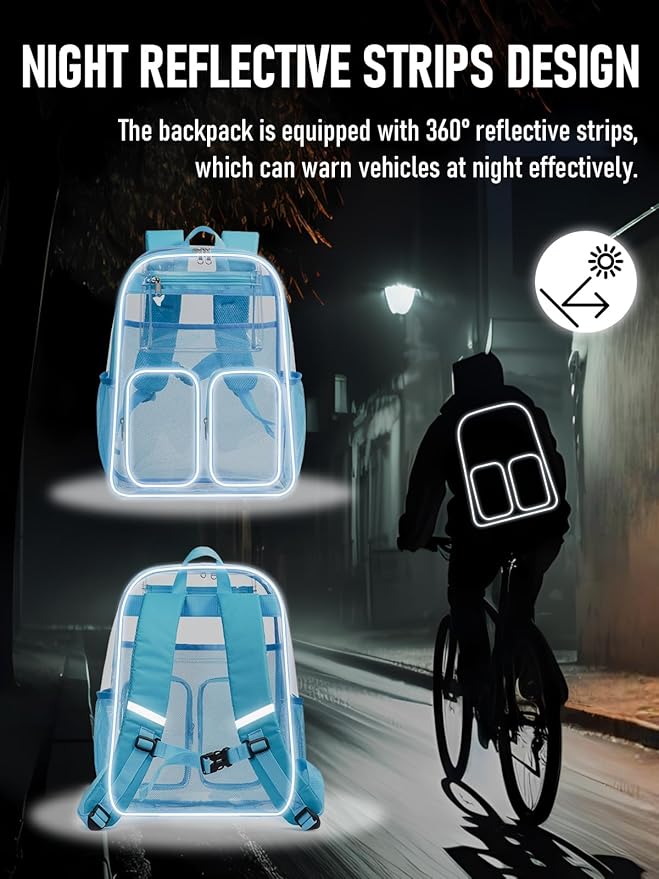 Clear Backpack Heavy Duty for Women Men Boys Girls, Clear Bookbag for School, 17 Inch Transparent Backpack with All-Around Reflective Strips for Work Casual Sport, grey