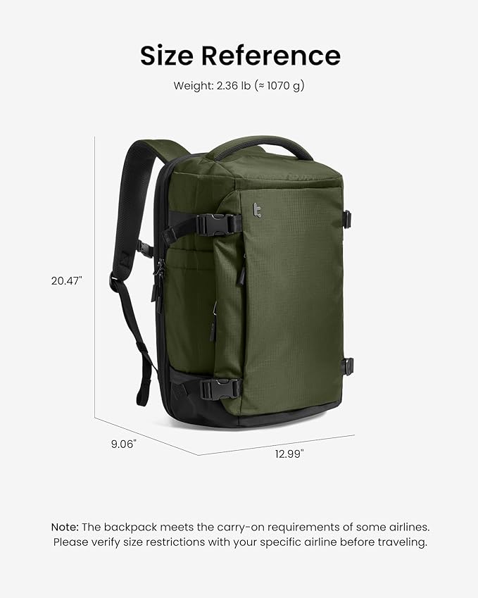 tomtoc Travel Backpack 40L, TSA Friendly Flight Approved Carry-on Luggage Hand Water-resistant Lightweight Business Rucksack, Durable Large Weekender Bag Daypack Fits 17.3 Inch Laptop