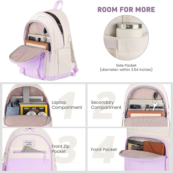 School Backpack for Teen Girls, Cute College Backpacks for Women Students Aesthetic Bookbag Large 15.6 Inch Laptop Bag Middle School Travel Back Pack (Purple Beige)