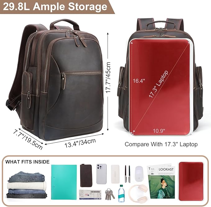 TIDING Full Grain Leather 17.3 Inch Laptop Backpack for Men Large Capacity Travel Weekender Camping Daypack Rucksack