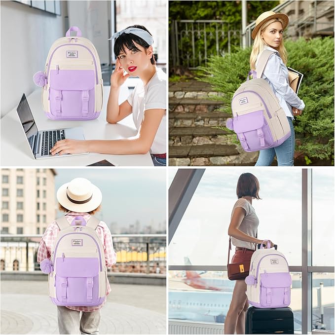 School Backpack for Teen Girls, Cute College Backpacks for Women Students Aesthetic Bookbag Large 15.6 Inch Laptop Bag Middle School Travel Back Pack (Purple Beige)