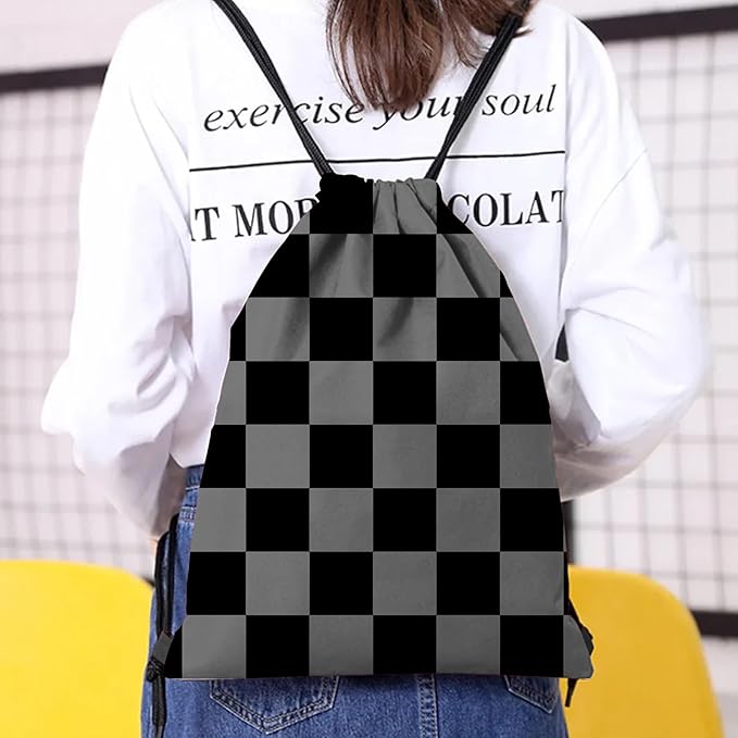 Drawstring Backpack Draw String Bag Waterproof for Sports Gym Beach Travel Cute Aesthetic Sackpack Men Women (13"×17")-Black Gray Checkered