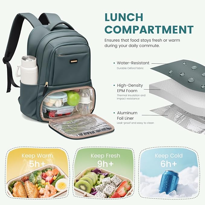 Lunch Backpack 16 Inch Laptop Backpack with Insulated Cooler Lunch Box Food Bag for College Work Camping Picnics (Atrovirens)