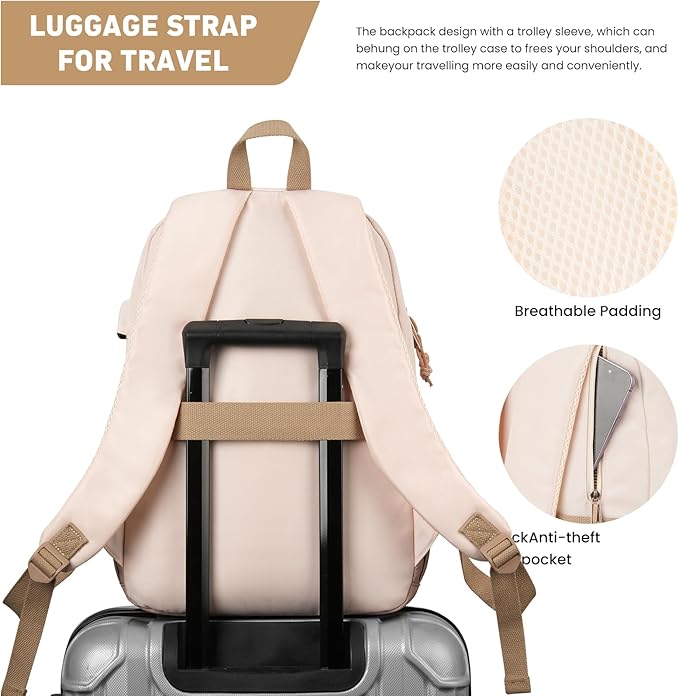 School Backpack for Teens Girls, Cute Student Bookbag Large 17.3 Inch Laptop Bag Aesthetic College Backpacks for Women High School Travel (Khaki Beige)