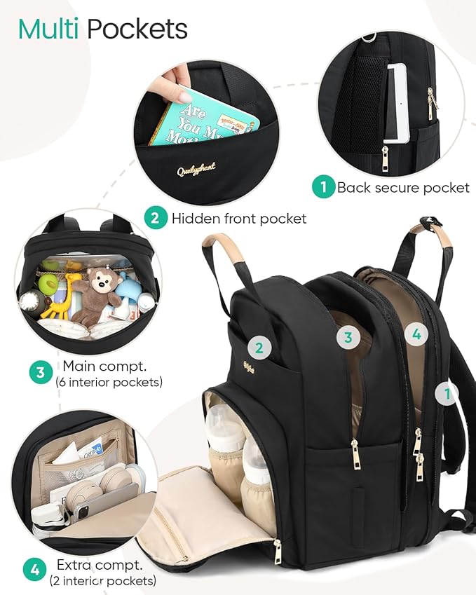 Extra Large Diaper Bag Backpack for Two Kids Twins - Expandable (26-36L) Baby Bag for Mom Girls Boys, Dual Big Compartments - Includes Changing Pad & Stroller Straps, Black, Quilted