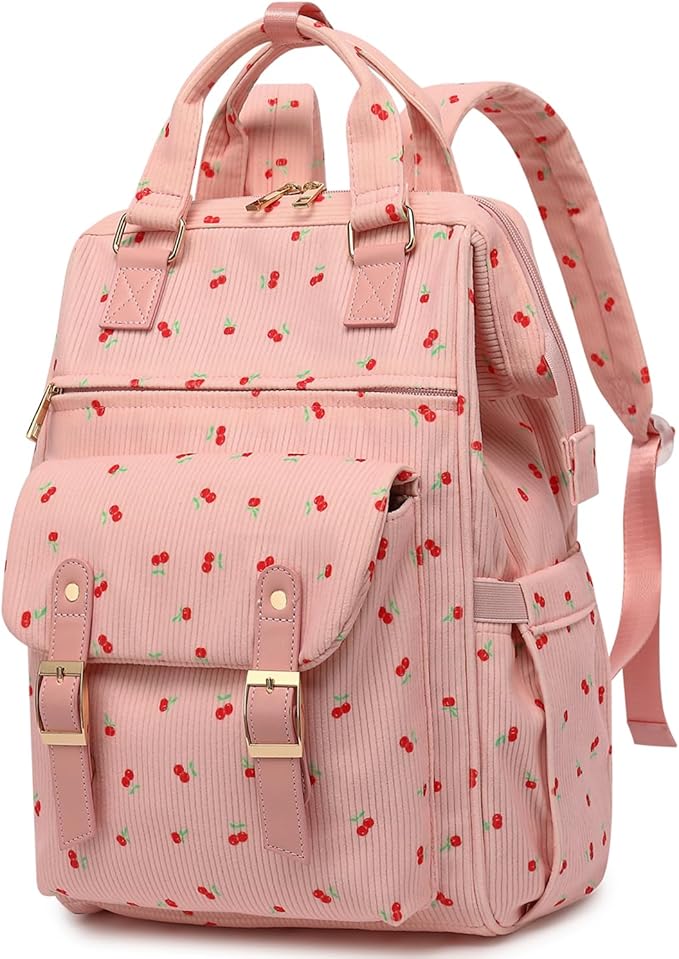 Laptop Backpacks for Women, Corduroy High School College Bookbag 15.6 Inch Laptop Bags for Girls Travel Daypack - Cherry Pink