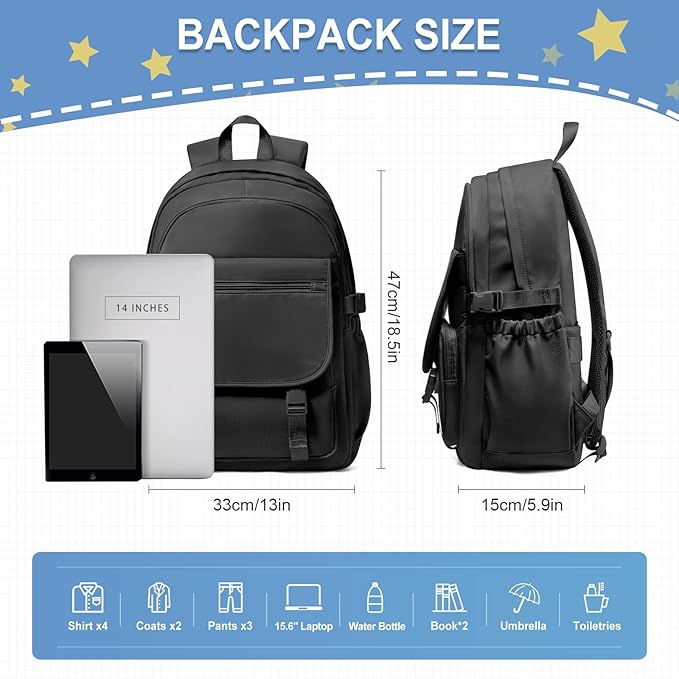 Black Lightweight Waterproof Backpack for Women Men Large Capacity College School Bag with Luggage Straps Multiple Pockets Durable High School Bookbag, Casual Daypacks for Students Girls Boys
