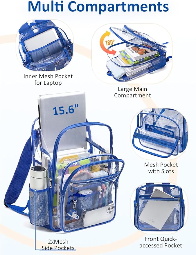 Extra Large Clear Backpack with TSA Lock, Heavy Duty Transparent See Through Clear Bookbag for College, Work, Travel, Casual Sport, Blue