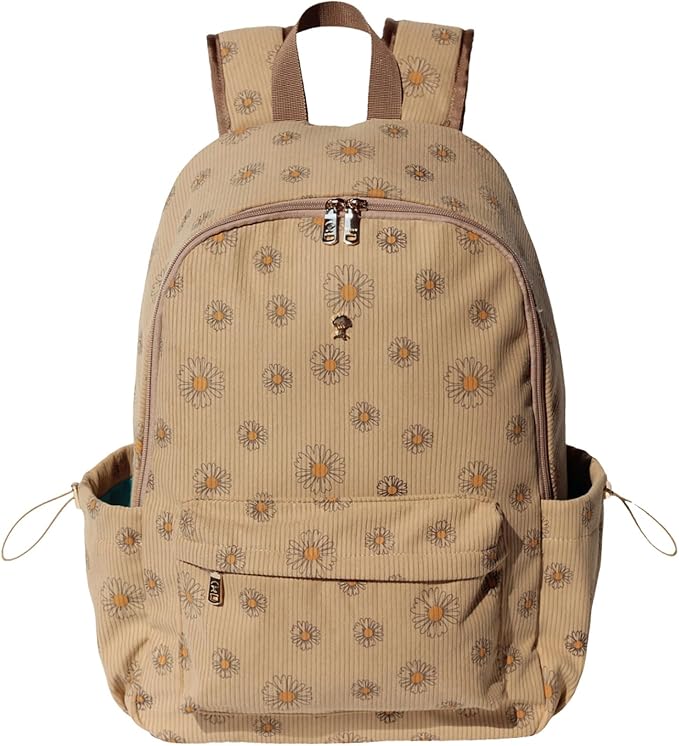 ESVAN Corduroy Backpack Lightweight Fashion 17 inch Laptop Bag for Women Casual College (Corduroy Brown daisy)
