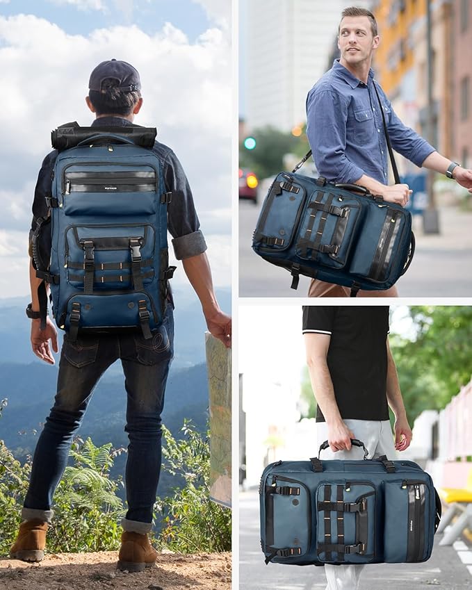 Travel Backpack for Men, 50L Carry On Flight Approved Convertible Duffle Bag with Shoe Compartment, 17 inch Laptop Luggage with USB Charging Port for Weekender Hiking, Blue