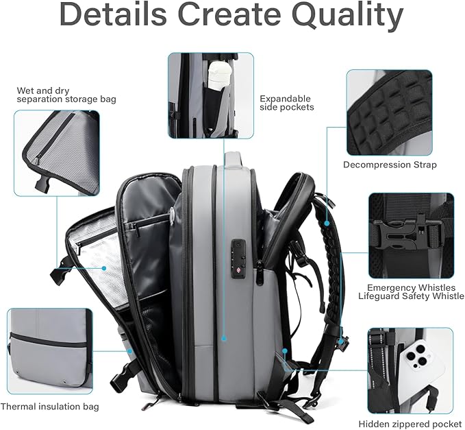 Travel Backpack with Vacuum System,60L Expandable Vacuum Backpack Travel with Built-in Pump,17.3 inch Laptop Backpacks Carry On Backpack with TSA Lock(Grey,Built-in Air Pump)