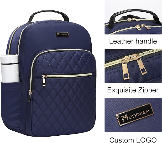 Modoker Eco-Friendly 15.6 Inch Laptop Backpack, Quilted Work Backpack for Women Bookbag Teacher Backpack with USB Charging Port, Travel Backpack Purse for Women Nurse, Blue