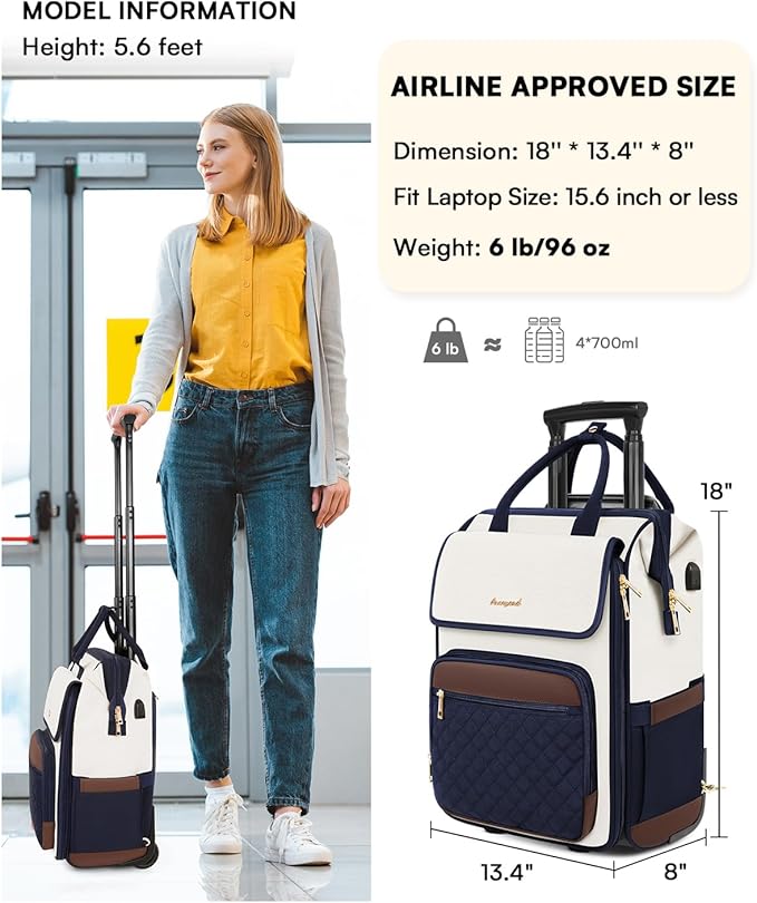 Rolling Backpack for Women, Travel Rolling Laptop Backpack with Wheels, Vertical & Horizontal Storage 2 In 1, Flip-Top Design, Water-Resistant Overnight College Underseat Carry on Luggage, Navy Blue