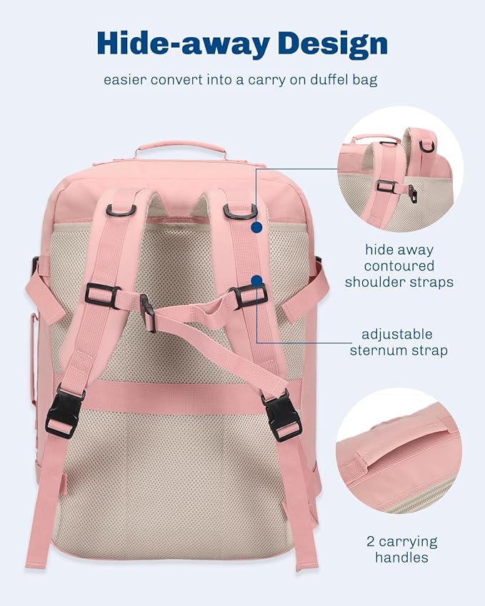 Hynes Eagle Carry on Backpack 38L Large Travel Backpack for Women Flight Approved Weekender Bag Laptop Backpack Men 15 inches Light Pink