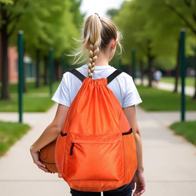 Drawstring Backpack, Gym Bag with Water Bottle Pocket, Waterproof String Backpack for Soccer, Basketball, Swim for Women Men (Orange)