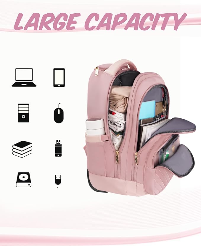 MATEIN Rolling Backpack for Women, 17 Inch Travel Laptop Backpacks with Wheels, Large Carry On Business Luggage Roller Backpack, Waterproof Trolley Suitcase Overnight College Work Computer Bag, Pink