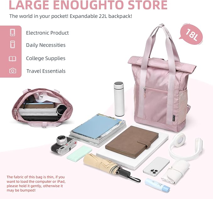 Foldable Convertible Tote Backpack Lightweight Versatile Nylon Daypack for Women Work Leisure Travel,Berry Pink
