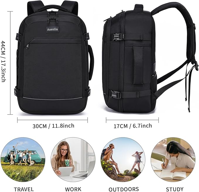 Asenlin Travel Backpack for Women Men,Flight Approved Carry On Luggage 30L Water Resistant Business Mochila Work Laptop Backpacks Fits TSA 15.6 Inch Computer College Weekender Outdoor Hiking-Black