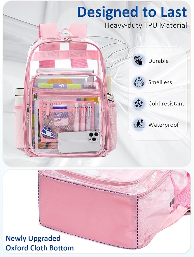 Extra Large Clear Backpack with TSA Lock, Heavy Duty Transparent See Through Clear Bookbag for College, Work, Travel, Casual Sport, Pink