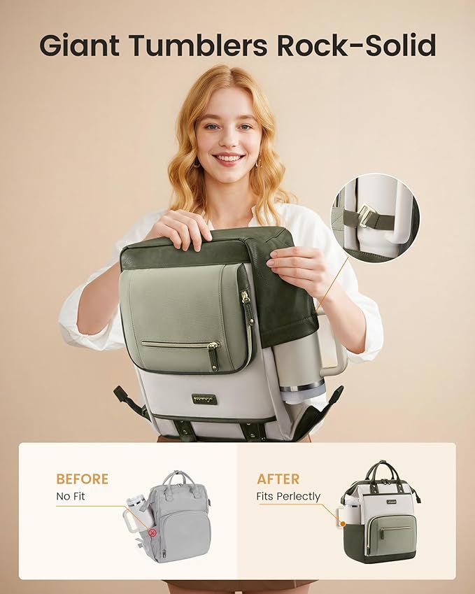 LOVEVOOK Laptop Backpack for Women with Giant Tumbler Holder,17 inch Professional Nurse Teacher Backpack Computer Laptop Bag,Cute Travel Backpack Purse Work College Bag, Beige-Bean green-Army green