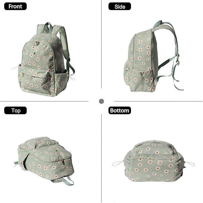 ESVAN Corduroy Backpack Lightweight Fashion 17 inch Laptop Bag for Women Casual College (Corduroy matcha daisy)