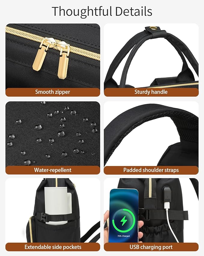 18in Computer Backpack for Women, Work Bag Laptop Bookbag with Cup Holder & USB Charger for Teacher Nurse College Travel Back Pack, Gifts, Black