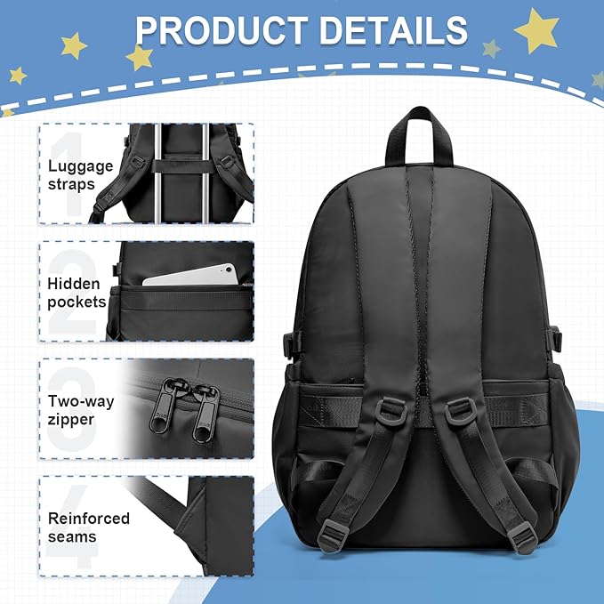 Black Lightweight Waterproof Backpack for Women Men Large Capacity College School Bag with Luggage Straps Multiple Pockets Durable High School Bookbag, Casual Daypacks for Students Girls Boys