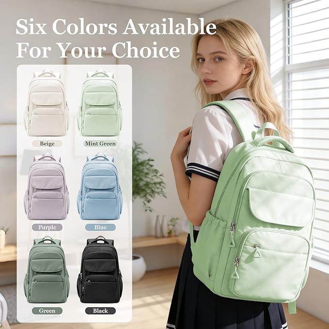 Cute School Backpack for Teens Girls Boys Waterproof School Bag Basic Backpack for College Students Multi Pocket Backpack Lightweight Casual Daypack Backpacks for Women Men（MintGreen）