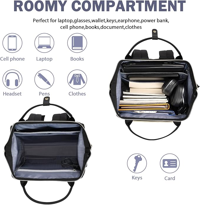 EMPSIGN 17 Inch Laptop Backpack for Women, Work Business Travel Computer College Bags, Large Capacity Water-repellent Quilted Casual Daypack with USB Port, Black