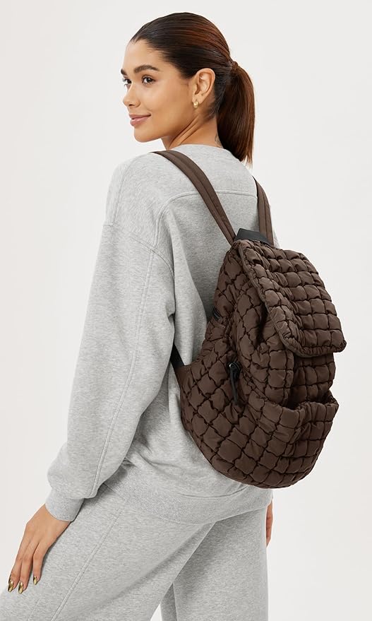 ODODOS Quilted Backpack 2.0 for Women Lightweight Puffer Hiker Pack Drawstring Padding Travel Gym Bag, Dark Brown